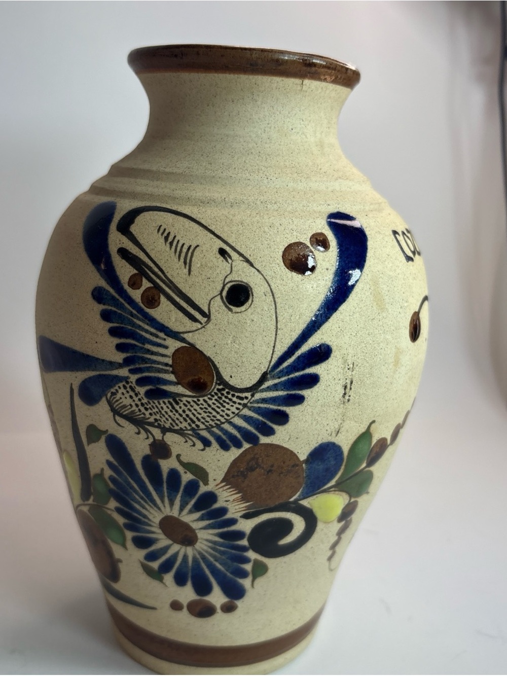 HB MCX Mexican Tonala Pottery Vase Hand Painted Bird Floral Design Handmade